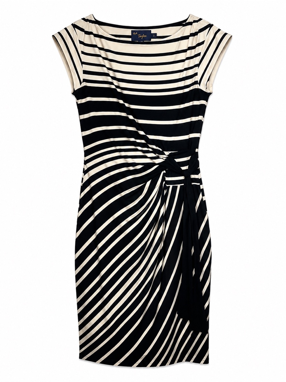 Just Taylor Black Cream Striped Ruched Knot Front Sheath Dress Size 2